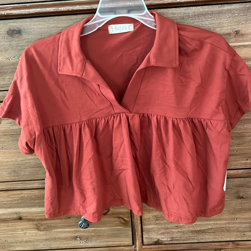 Red-orange collared Altar’d State crop top